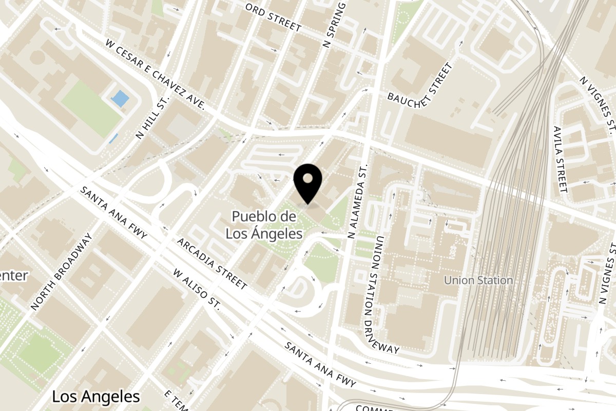 Map showing the location of La Luz del Día Restaurant on 1 Olvera St in Los Angeles